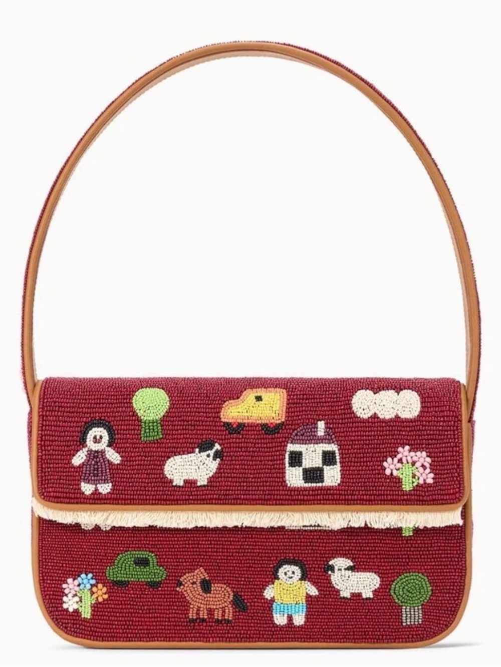 STAUD Burgundy Beaded Embroidered Shoulder Bag with Colorful Motifs NWT